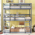 Bellemave Triple Rubber Wood Bunk Bed with Two Built-in Ladders, Guardrails, Twin over Twin over Twin, Detachable Triple Twin Bunk Bed,Grey
