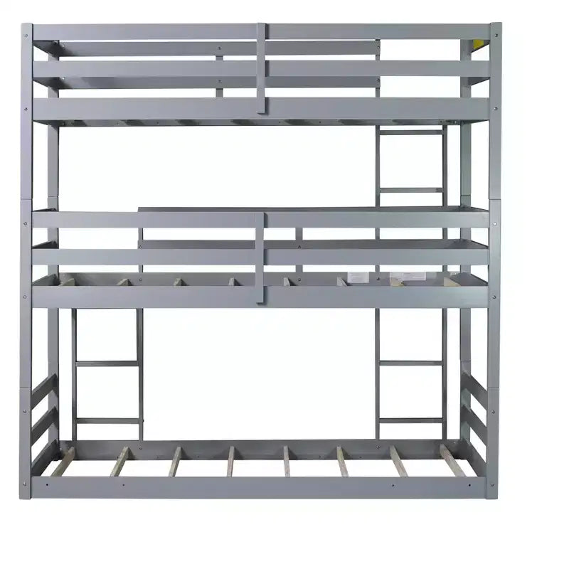 Lit superposé triple en bois d'hévéa avec deux échelles intégrées, garde-corps, trois lits jumeaux, lit superposé triple jumeau détachable, gris