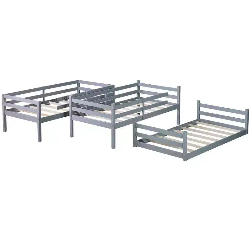 Lit superposé triple en bois d'hévéa avec deux échelles intégrées, garde-corps, trois lits jumeaux, lit superposé triple jumeau détachable, gris