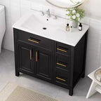 Meuble-lavabo de salle de bain de 36 po avec évier, meuble-lavabo noir avec tiroirs, armoire de salle de bain noire avec poignées dorées