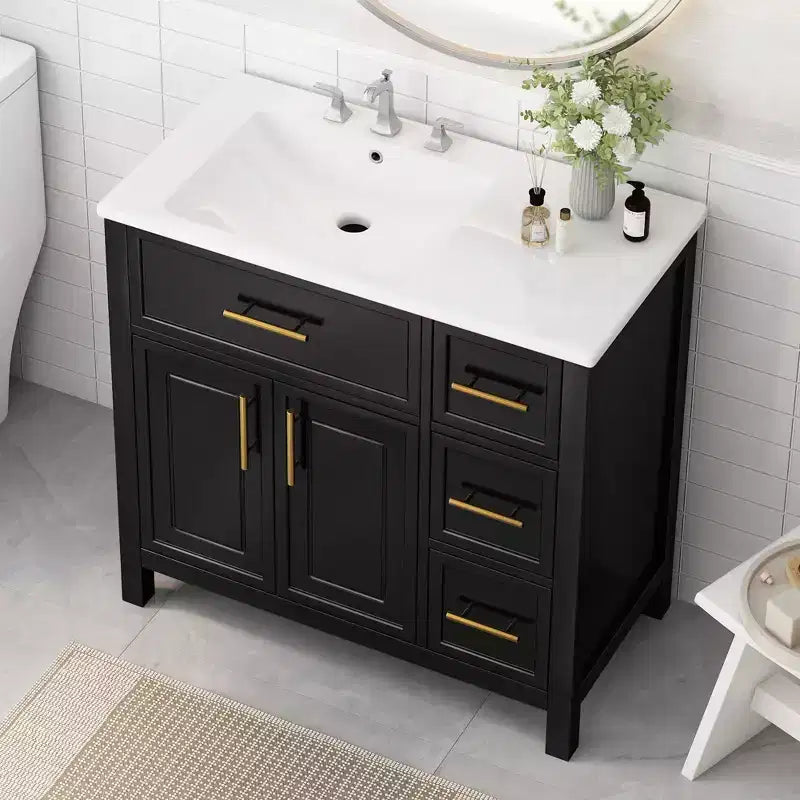Meuble-lavabo de salle de bain de 36 po avec évier, meuble-lavabo noir avec tiroirs, armoire de salle de bain noire avec poignées dorées