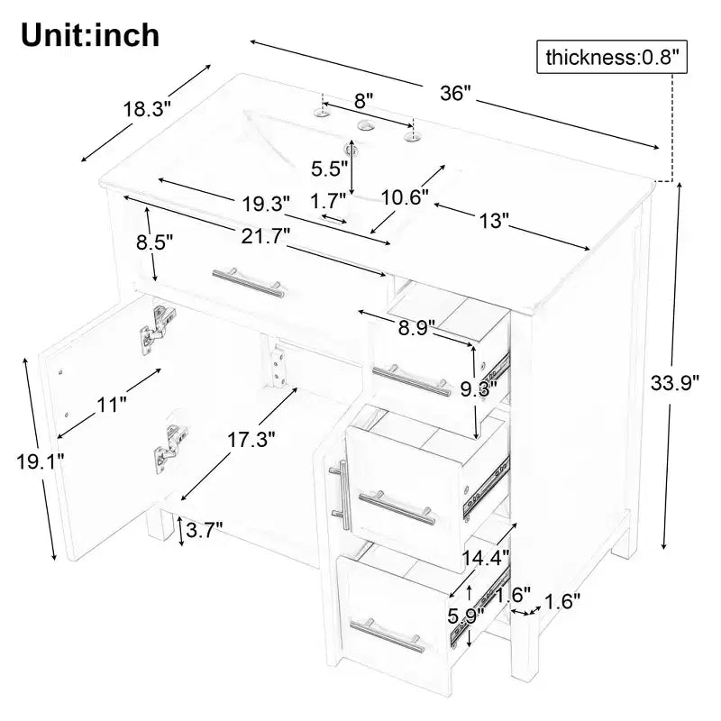 Meuble-lavabo de salle de bain de 36 po avec évier, meuble-lavabo noir avec tiroirs, armoire de salle de bain noire avec poignées dorées