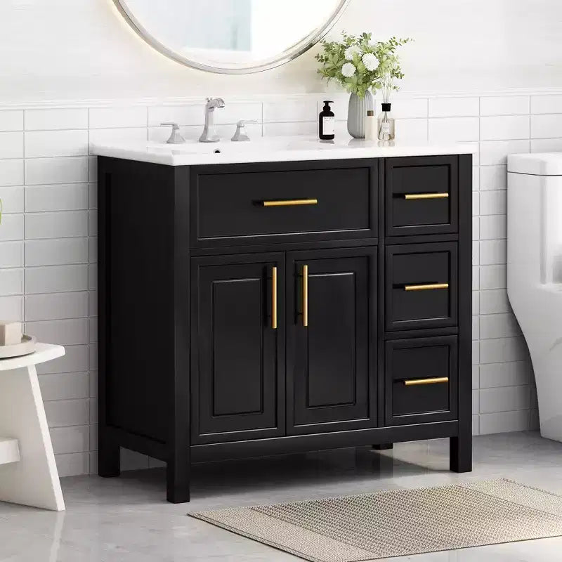 Meuble-lavabo de salle de bain de 36 po avec évier, meuble-lavabo noir avec tiroirs, armoire de salle de bain noire avec poignées dorées
