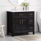 Meuble-lavabo de salle de bain de 36 po avec évier, meuble-lavabo noir avec tiroirs, armoire de salle de bain noire avec poignées dorées