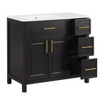 Meuble-lavabo de salle de bain de 36 po avec évier, meuble-lavabo noir avec tiroirs, armoire de salle de bain noire avec poignées dorées
