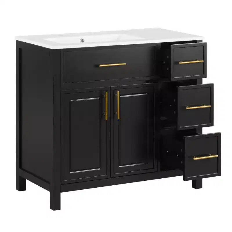 Meuble-lavabo de salle de bain de 36 po avec évier, meuble-lavabo noir avec tiroirs, armoire de salle de bain noire avec poignées dorées