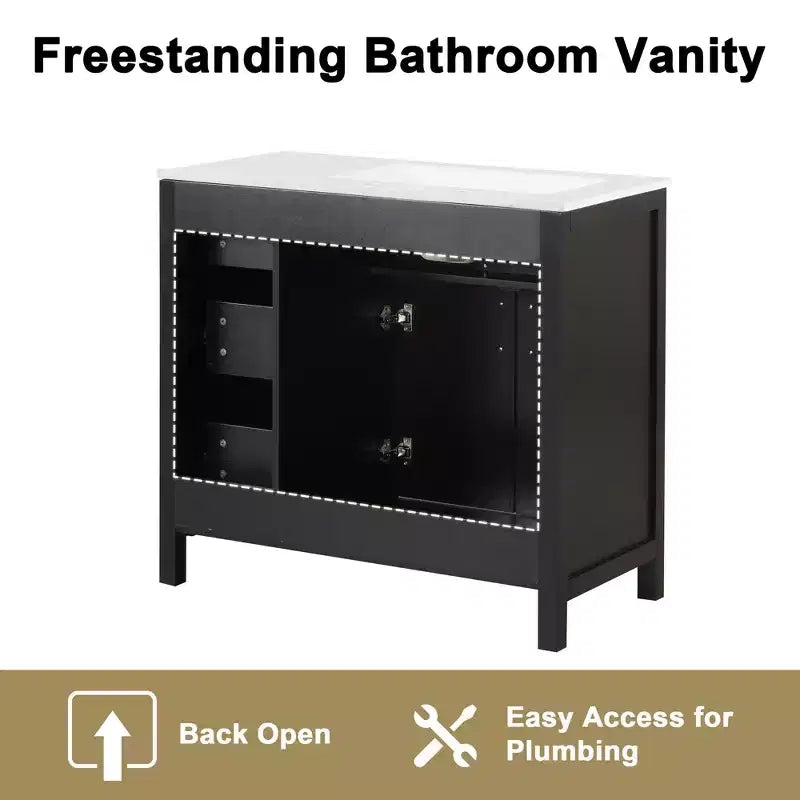 Meuble-lavabo de salle de bain de 36 po avec évier, meuble-lavabo noir avec tiroirs, armoire de salle de bain noire avec poignées dorées