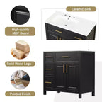 Meuble-lavabo de salle de bain de 36 po avec évier, meuble-lavabo noir avec tiroirs, armoire de salle de bain noire avec poignées dorées