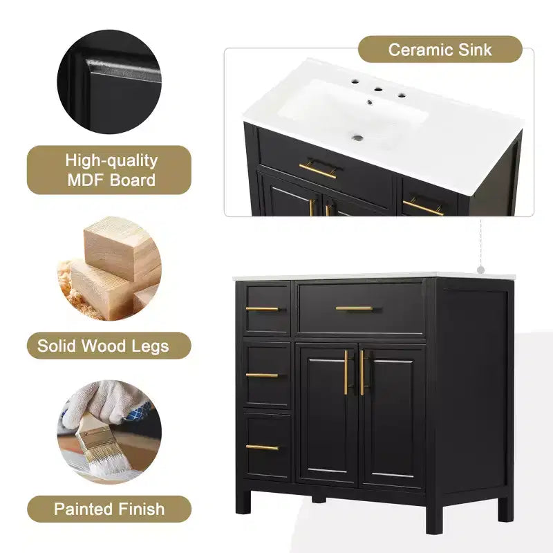Meuble-lavabo de salle de bain de 36 po avec évier, meuble-lavabo noir avec tiroirs, armoire de salle de bain noire avec poignées dorées