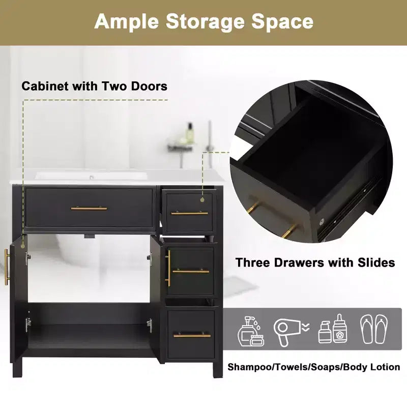 Meuble-lavabo de salle de bain de 36 po avec évier, meuble-lavabo noir avec tiroirs, armoire de salle de bain noire avec poignées dorées