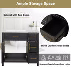Meuble-lavabo de salle de bain de 36 po avec évier, meuble-lavabo noir avec tiroirs, armoire de salle de bain noire avec poignées dorées