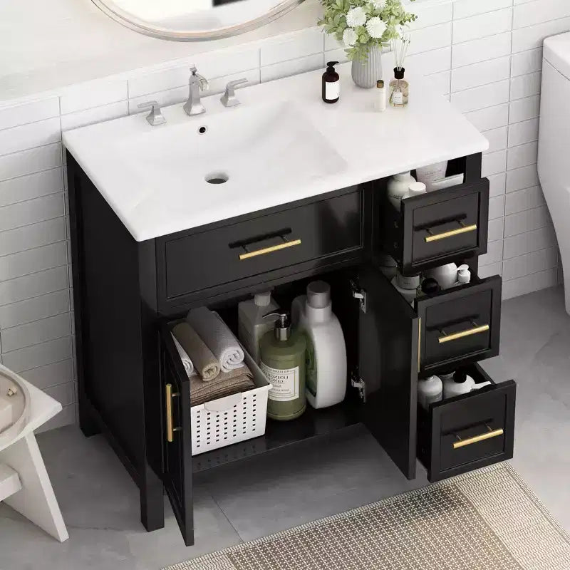 Meuble-lavabo de salle de bain de 36 po avec évier, meuble-lavabo noir avec tiroirs, armoire de salle de bain noire avec poignées dorées