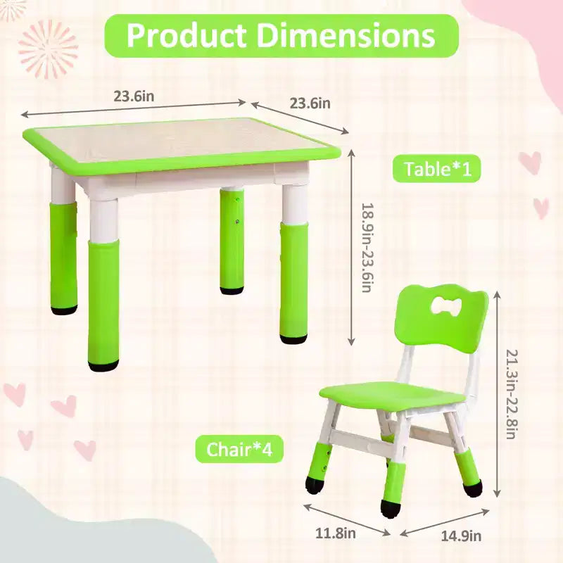 Table pour enfants réglable avec 4 chaises, table d'activités pour tout-petits de 23 pouces pour les 2-10 ans, bureau de salle de jeux préscolaire avec pieds antidérapants et plateau à graffitis