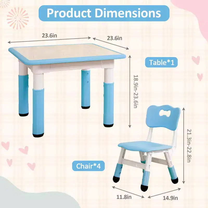 Table pour enfants réglable avec 4 chaises, table d'activités pour tout-petits de 23 pouces pour les 2-10 ans, bureau de salle de jeux préscolaire avec pieds antidérapants et plateau à graffitis