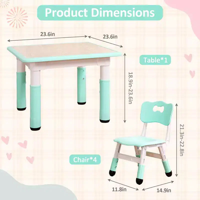 Table pour enfants réglable avec 4 chaises, table d'activités pour tout-petits de 23 pouces pour les 2-10 ans, bureau de salle de jeux préscolaire avec pieds antidérapants et plateau à graffitis