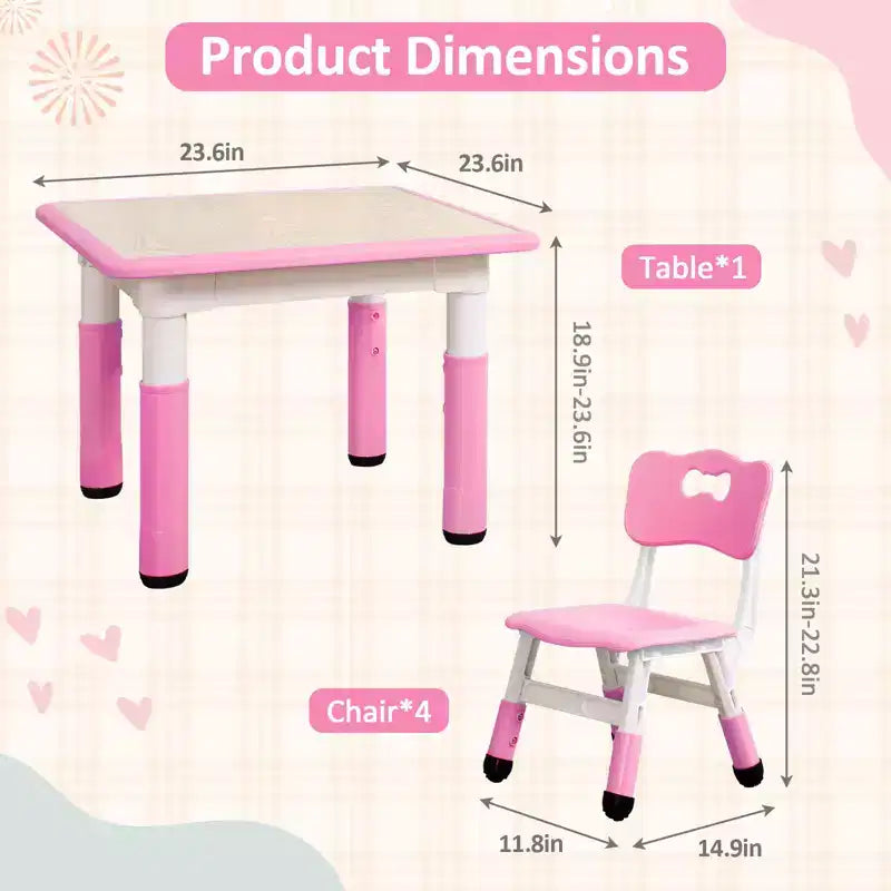 Table pour enfants réglable avec 4 chaises, table d'activités pour tout-petits de 23 pouces pour les 2-10 ans, bureau de salle de jeux préscolaire avec pieds antidérapants et plateau à graffitis