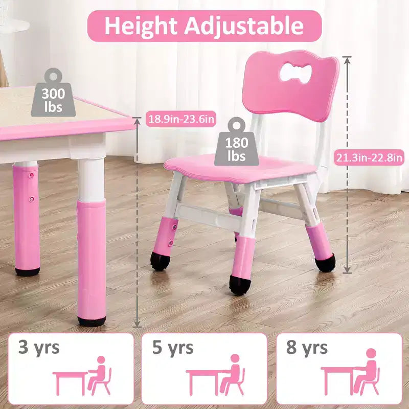 Table pour enfants réglable avec 4 chaises, table d'activités pour tout-petits de 23 pouces pour les 2-10 ans, bureau de salle de jeux préscolaire avec pieds antidérapants et plateau à graffitis