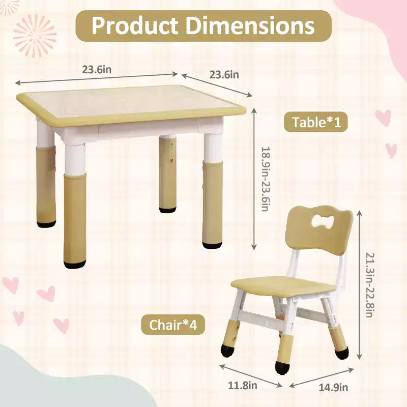 Table pour enfants réglable avec 4 chaises, table d'activités pour tout-petits de 23 pouces pour les 2-10 ans, bureau de salle de jeux préscolaire avec pieds antidérapants et plateau à graffitis