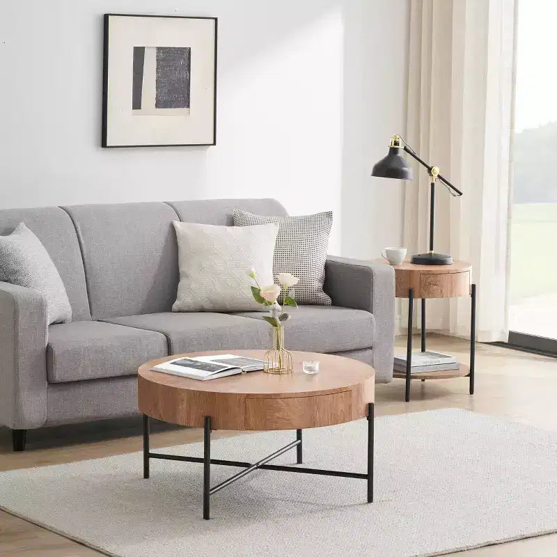 Table basse ronde vintage avec tiroir, table d'appoint de rangement en bois de 81 cm au design rétro de ferme pour salon