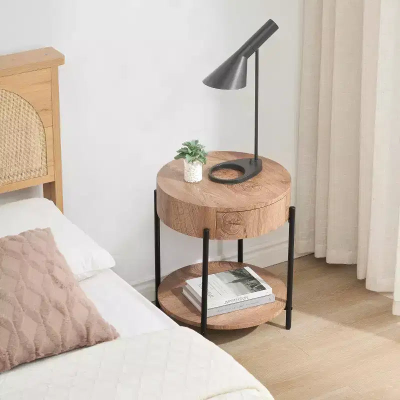 Table basse ronde vintage avec tiroir, table d'appoint de rangement en bois de 81 cm au design rétro de ferme pour salon