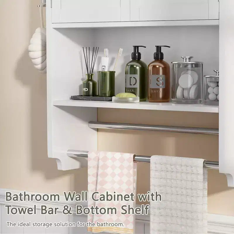 Meuble de Rangement Salle de Bain, Organiseur Mural avec 2 Portes et 1 Étagère Ouverte, Blanc