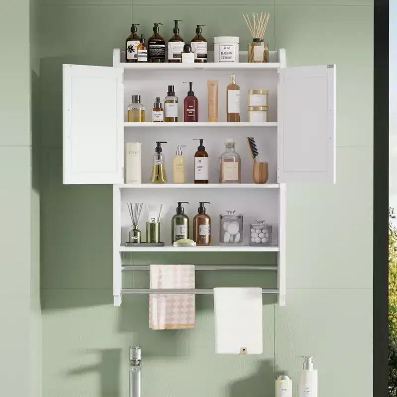 Meuble de Rangement Salle de Bain, Organiseur Mural avec 2 Portes et 1 Étagère Ouverte, Blanc