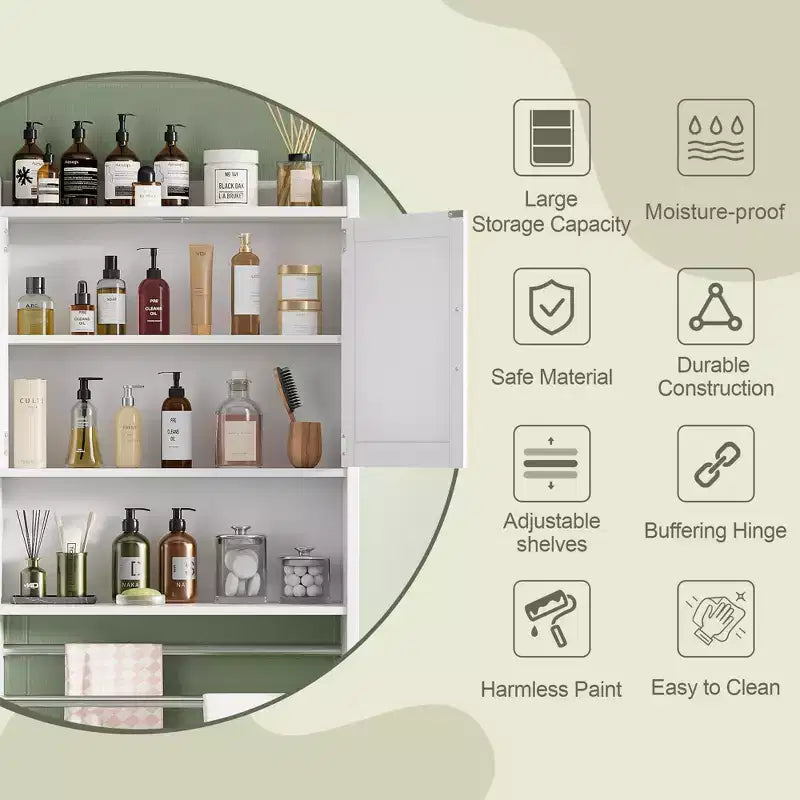 Meuble de Rangement Salle de Bain, Organiseur Mural avec 2 Portes et 1 Étagère Ouverte, Blanc