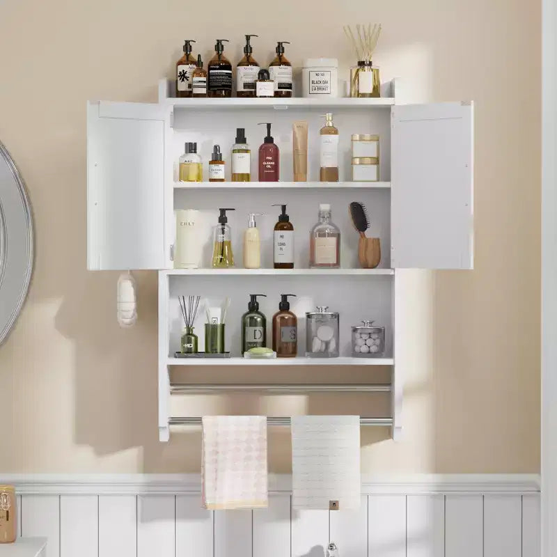Meuble de Rangement Salle de Bain, Organiseur Mural avec 2 Portes et 1 Étagère Ouverte, Blanc