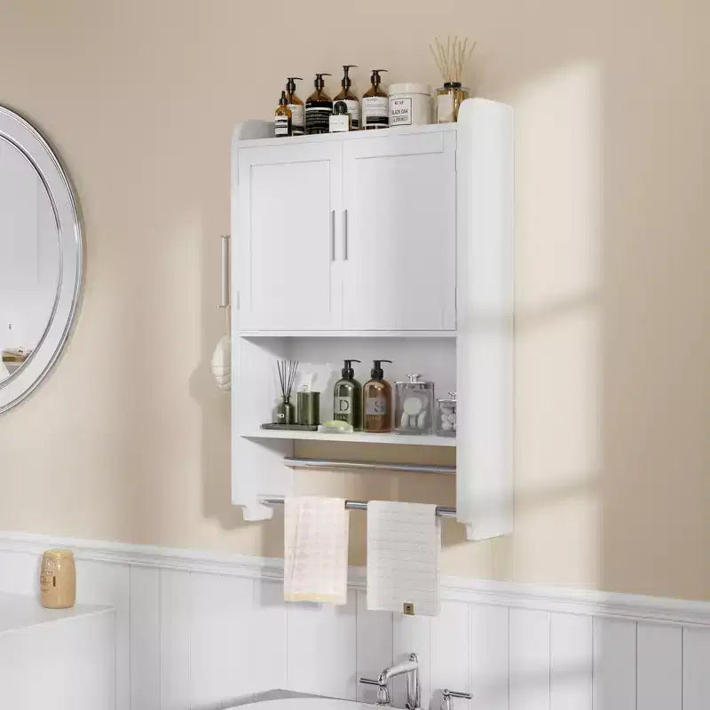 Meuble de Rangement Salle de Bain, Organiseur Mural avec 2 Portes et 1 Étagère Ouverte, Blanc