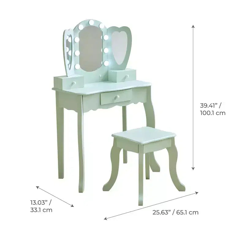 Coiffeuse en bois Heart Glow avec miroir et tabouret LED