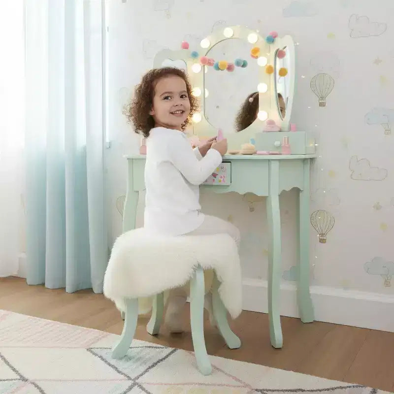 Coiffeuse en bois Heart Glow avec miroir et tabouret LED