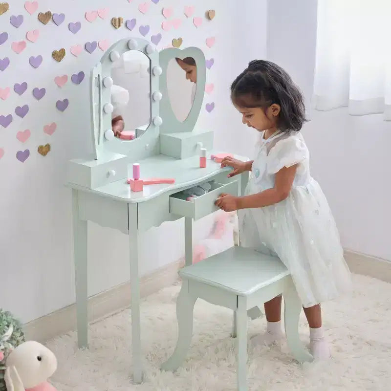 Coiffeuse en bois Heart Glow avec miroir et tabouret LED