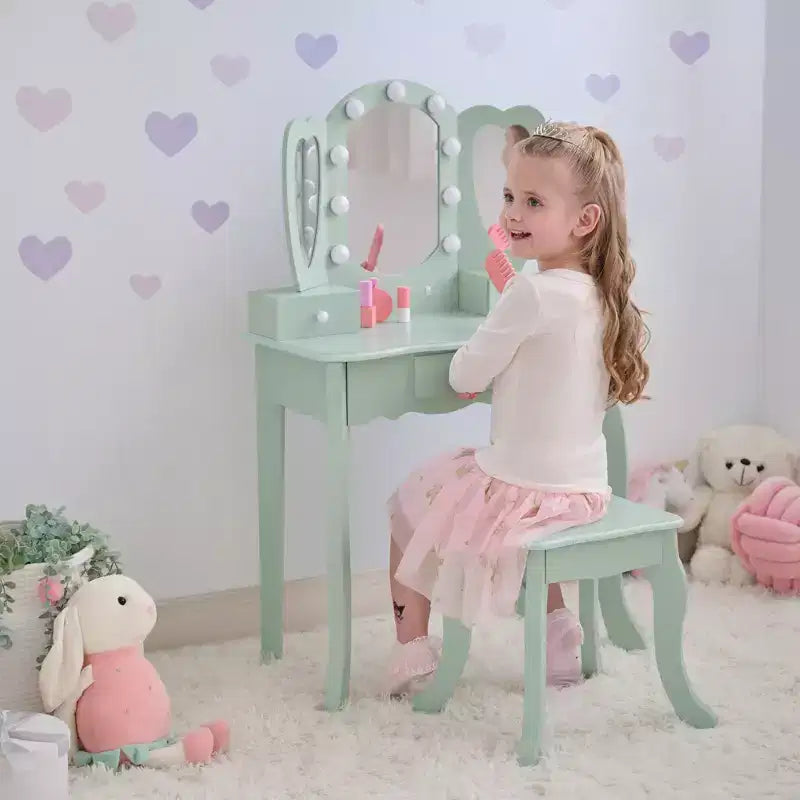 Coiffeuse en bois Heart Glow avec miroir et tabouret LED