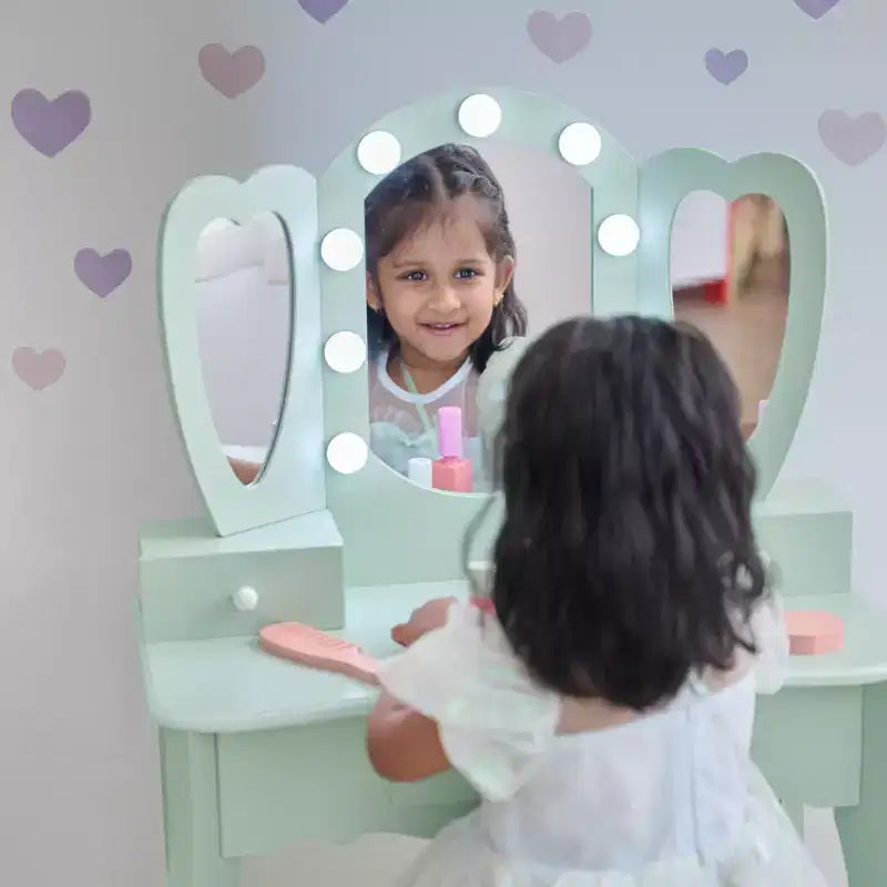 Coiffeuse en bois Heart Glow avec miroir et tabouret LED
