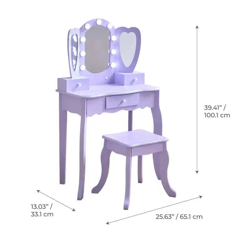 Coiffeuse en bois Heart Glow avec miroir et tabouret LED
