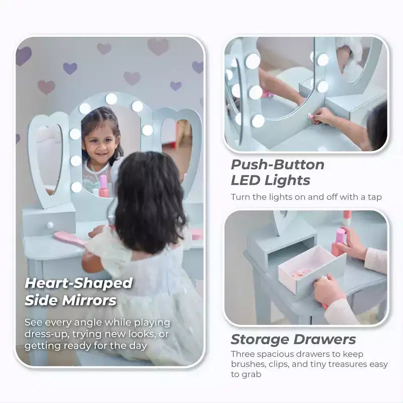 Coiffeuse en bois Heart Glow avec miroir et tabouret LED