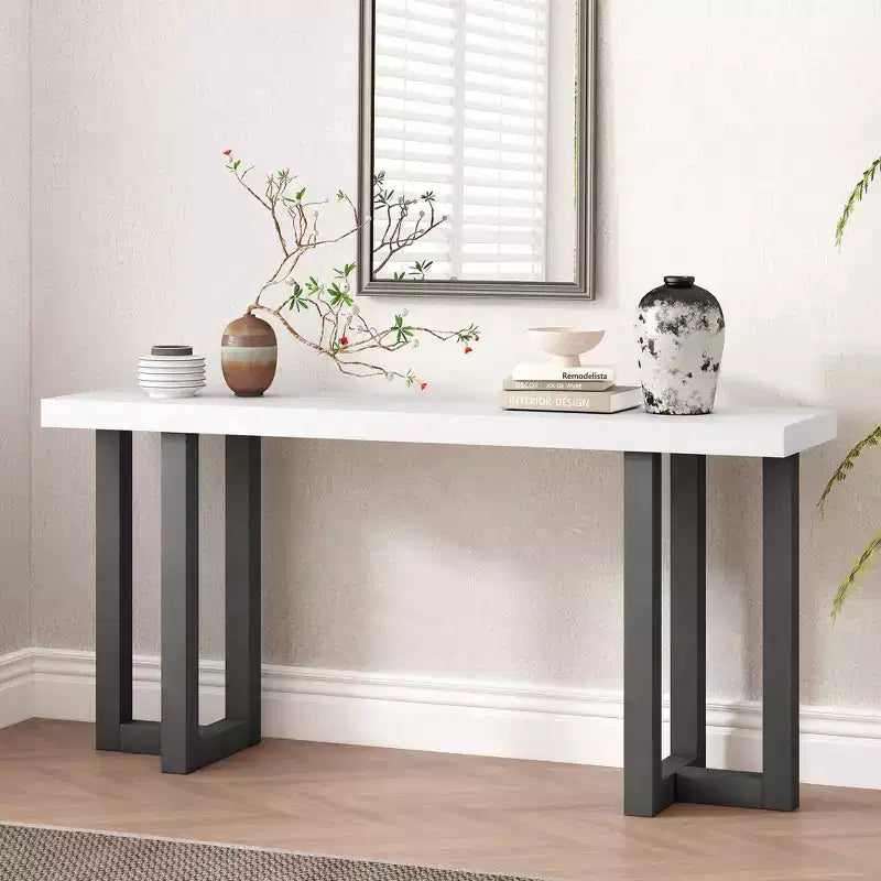 Console de 160 cm avec pieds en bois massif, élégante table d'entrée avec plateau épais, table de couloir pour salon, chambre à coucher
