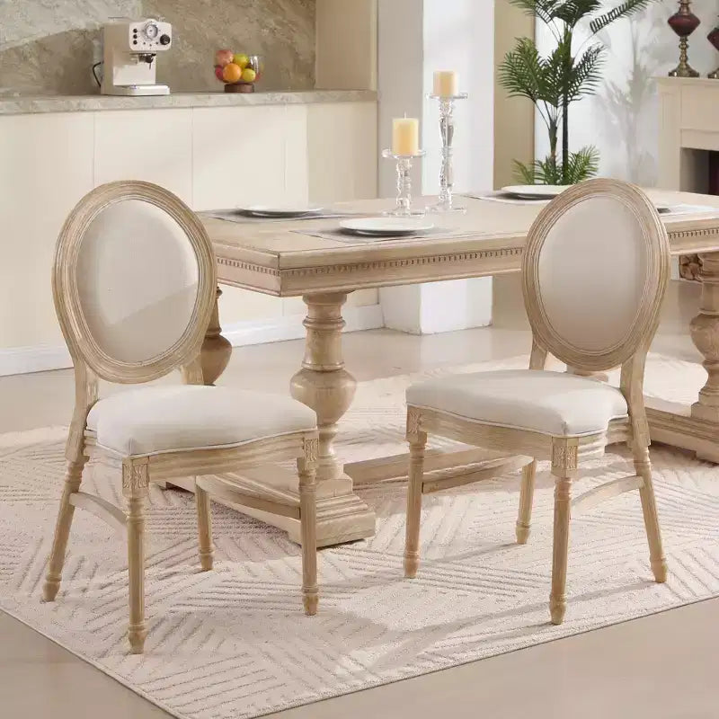 Chaises de salle à manger de style campagnard français, chaises rembourrées sculptées à dossier rond, beige