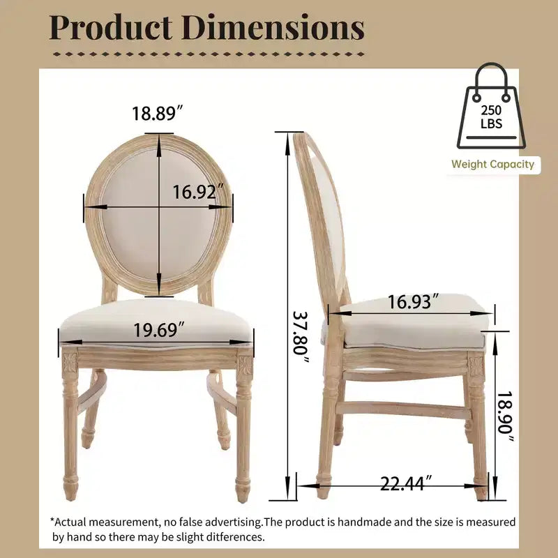 Chaises de salle à manger de style campagnard français, chaises rembourrées sculptées à dossier rond, beige