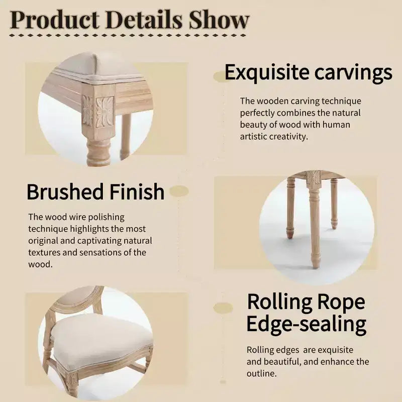 Chaises de salle à manger de style campagnard français, chaises rembourrées sculptées à dossier rond, beige