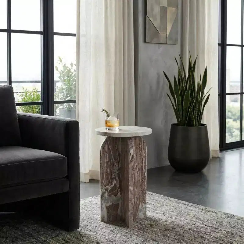 Table d'appoint, table de chevet ou table de nuit en marbre avec plateau rond en agate, idéale pour les grands ou petits espaces