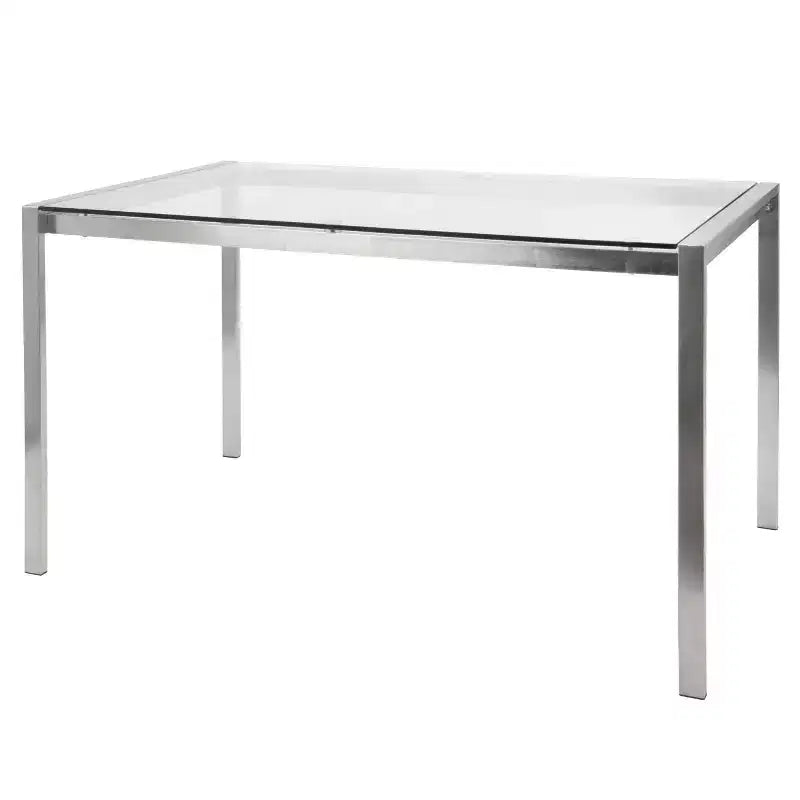 Table à manger moderne Fuji 47" Acier inoxydable/Verre transparent : Élégante 4 places, plateau rectangulaire, mobilier de cuisine
