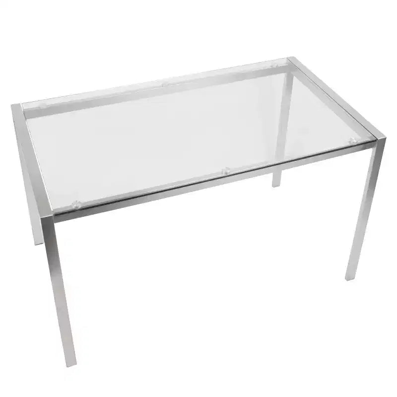 Table à manger moderne Fuji 47" Acier inoxydable/Verre transparent : Élégante 4 places, plateau rectangulaire, mobilier de cuisine