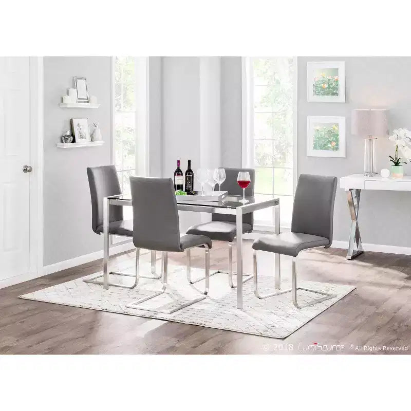 Table à manger moderne Fuji 47" Acier inoxydable/Verre transparent : Élégante 4 places, plateau rectangulaire, mobilier de cuisine