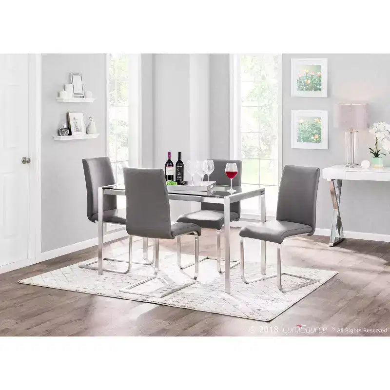 Table à manger moderne Fuji 47" Acier inoxydable/Verre transparent : Élégante 4 places, plateau rectangulaire, mobilier de cuisine