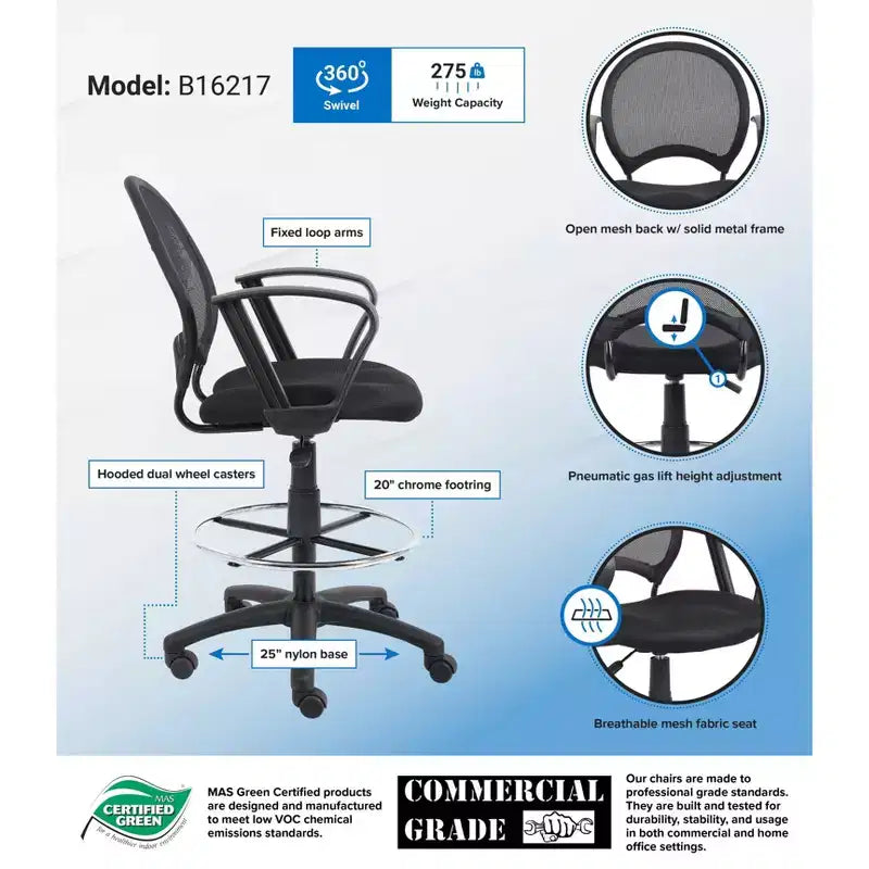 Tabouret de dessinateur en maille avec accoudoirs en boucle noir : Pivotant, piètement en nylon, structure en métal, capacité de 125 kg