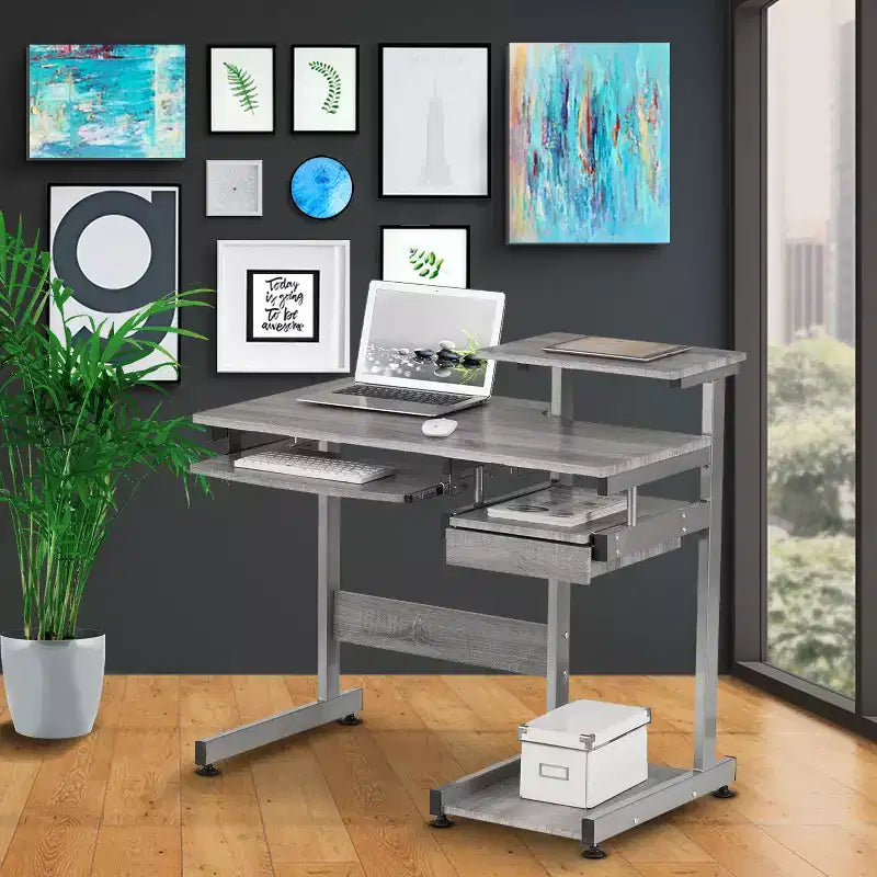 Bureau de Travail Informatique Complet Gris : Avec Tiroir, Cadre en Acier, Surface en MDF