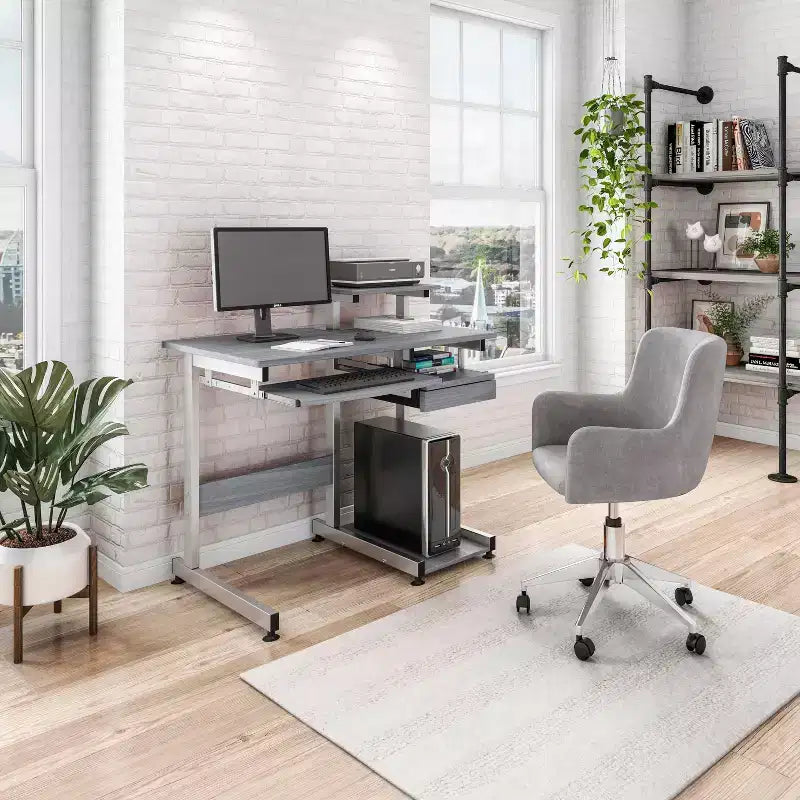 Bureau de Travail Informatique Complet Gris : Avec Tiroir, Cadre en Acier, Surface en MDF