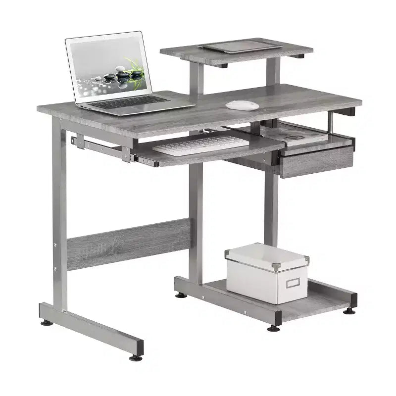 Bureau de Travail Informatique Complet Gris : Avec Tiroir, Cadre en Acier, Surface en MDF