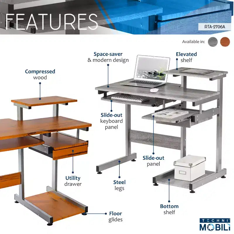 Bureau de Travail Informatique Complet Gris : Avec Tiroir, Cadre en Acier, Surface en MDF